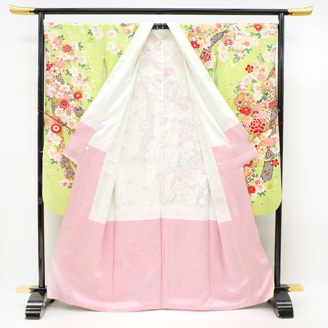 中古】 振袖 袷 着物 長襦袢 セット 金彩加工 正絹 ライトグリーン 黄  