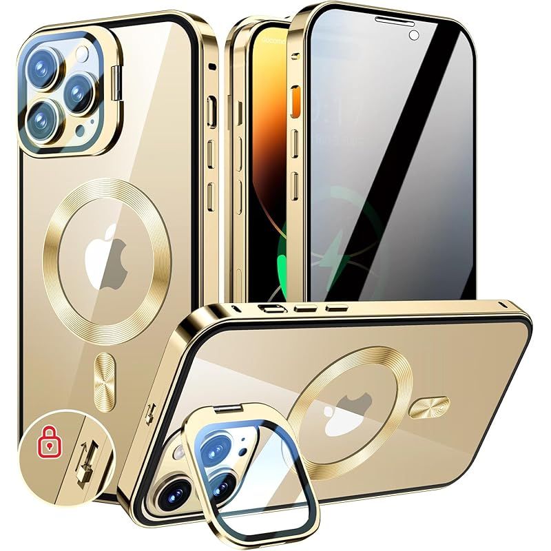 KELLCASE【カメラレンズ保護・スタンド+覗き見防止+MagSafe対応 】iPhone 14 Pro Max 用 ケース 全面保護 隠しスタンド付き ロック付き 両面 マグネット式 アイフォン14プロマックス カバー ストラッ