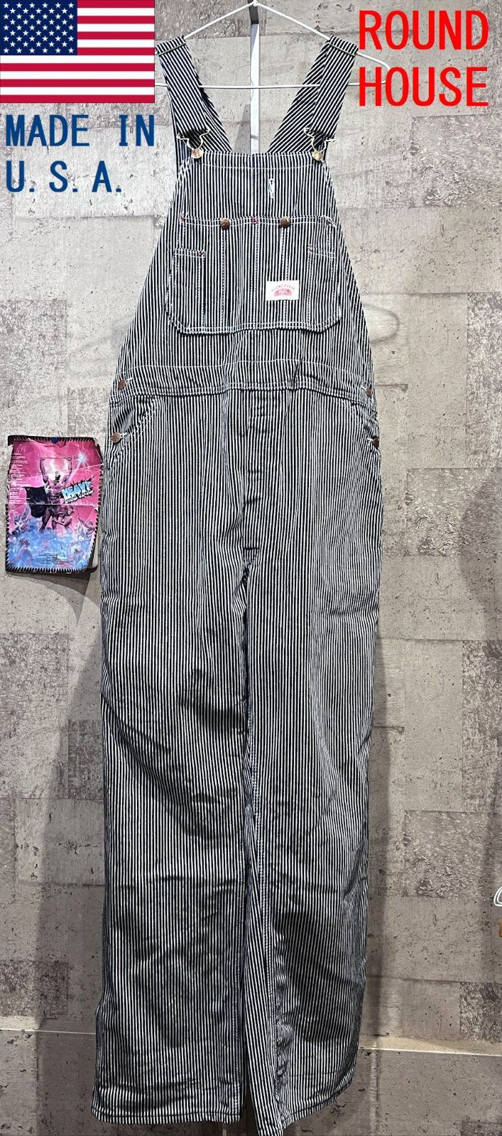 極美品 USA製 ROUND HOUSE ヒッコリーストライプ オーバーオール 34/32