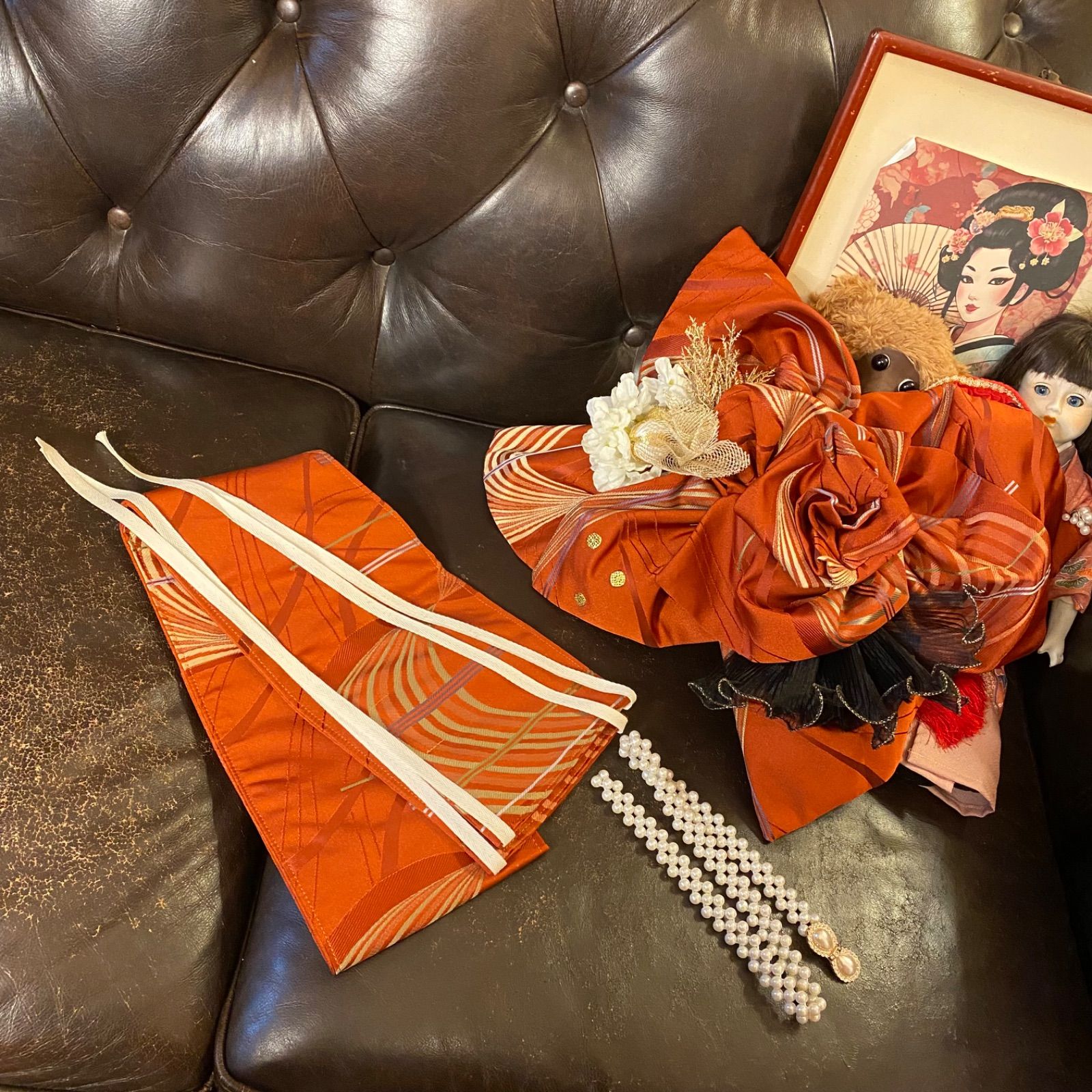 振袖 着物 ロングワンピース ドレス 2部式ローズ/バラ作り帯 リメイク