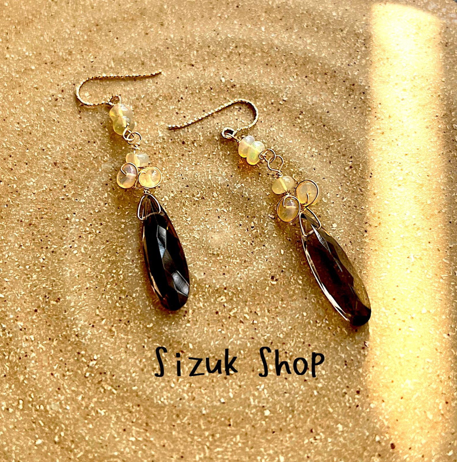 14kgf スモーキークォーツコッパーロングペアシェイプピアス