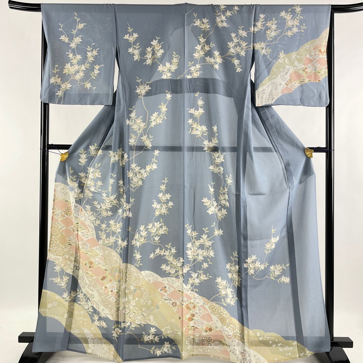 訪問着 逸品 絽 橘 草花 金彩 青灰色 薄物 身丈165cm 裄丈66.5cm M