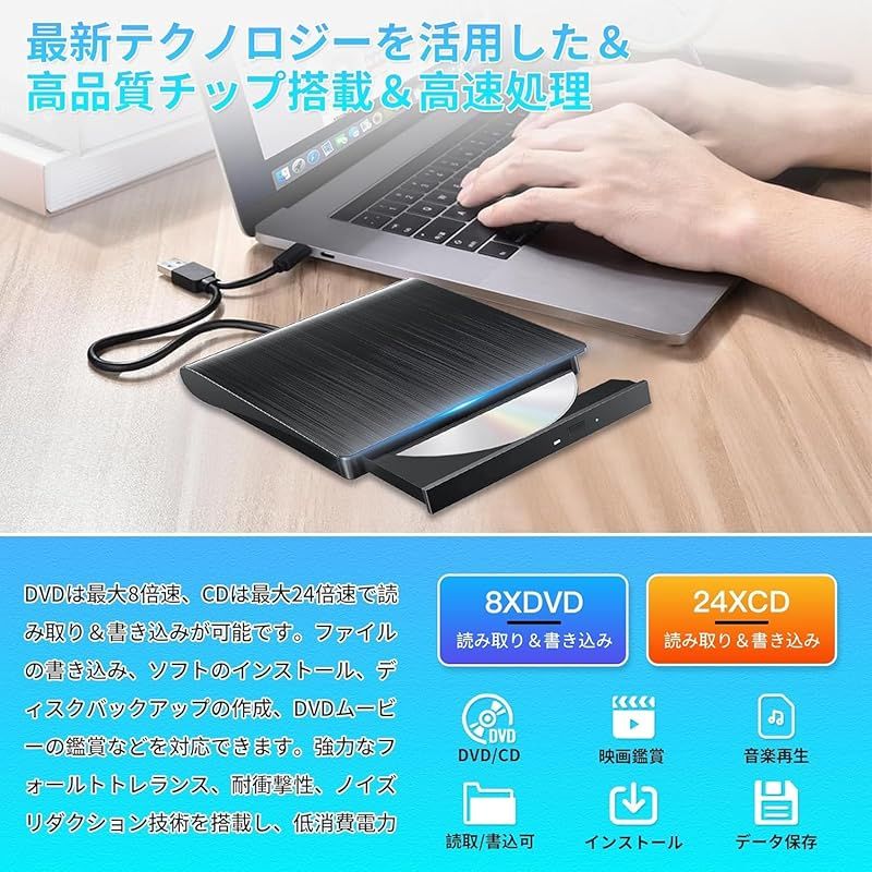 外付けDVDドライブ CD DVDドライブ ポータブルドライブ 外部の DVDドライブ USB 3.0タイプ C CDドライブ