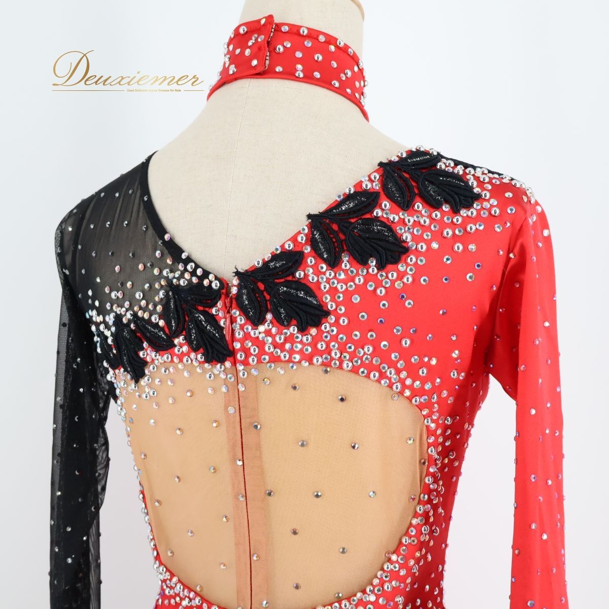【社交ダンス衣装】レッド 白樺ドレス ラテン ドレス ワンピース 赤 黒 花柄 デモ 競技用 フリル レース ダンス用 ビジュー 社交ダンス衣装】レッド 白樺ドレス ラテン ドレス ワンピース