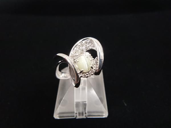 天然キャッツ アイ K18WG 天然クリソベリルキャッツアイ ＃19|D0.36ct 9.1g| 鑑別書付|ダイヤ付ホワイトゴールドリング