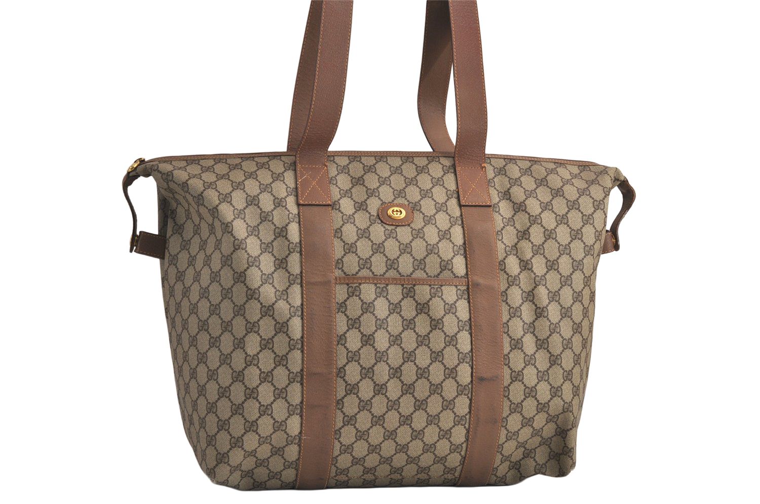 GUCCI グッチ ヴィンテージ トラベル ボストン ショルダーバッグ GGピーブイシー レザー ブラウン 5618M