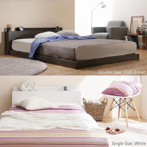 フラットローベッド カルバンフラット ダブル ポケットコイルスプリングマットレスセット フロア コンセント 宮付き 木目 木製 シンプル