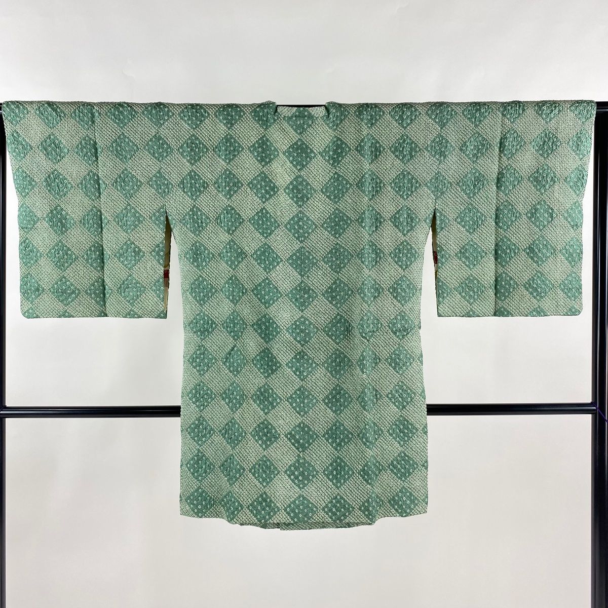 道行 身丈89cm 裄丈64cm M 和装コート 角衿 菱 幾何学模様 総絞り 灰緑  