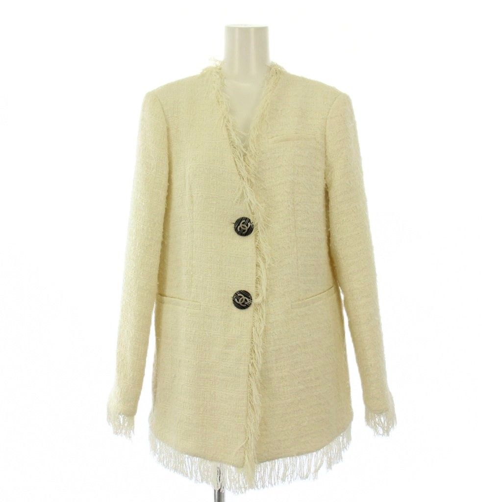 シャネル CHANEL uniform ノーカラージャケット アウター ツイード フリンジ ココボタン ココマーク ロゴ ウール シルク 36 白 ホワイト |BB