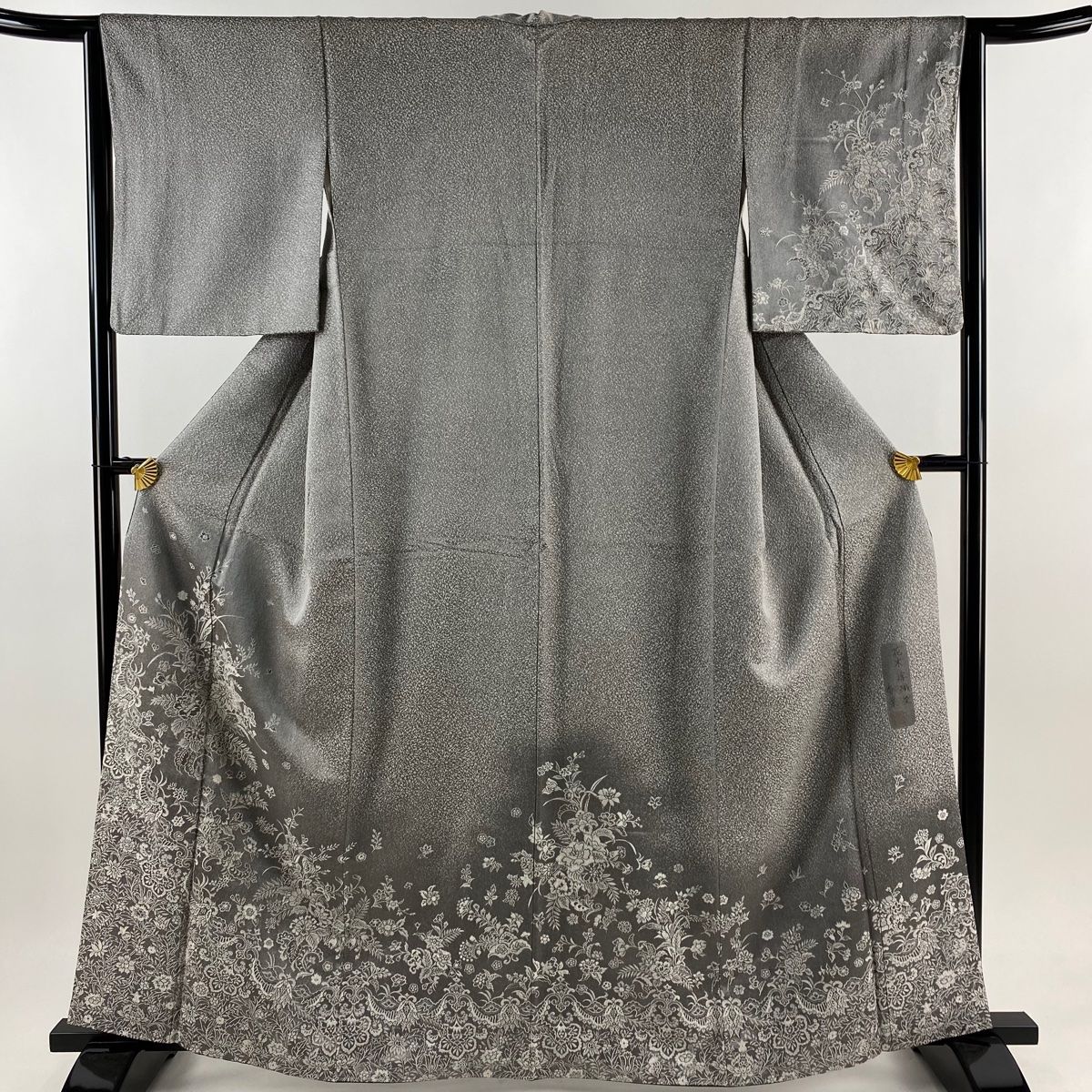 付下げ 身丈163cm 裄丈64cm M 袷 花木浮織染 草花 銀通し 灰色 正絹 名品 【】