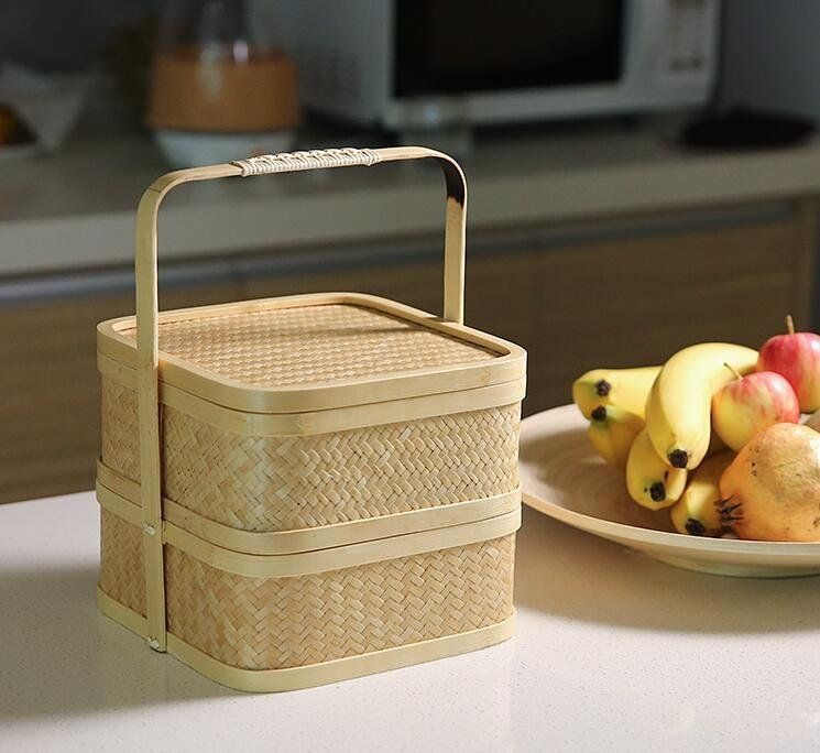 茶道具 提籃籠 二階 収納する 工芸品 竹細工 手作り