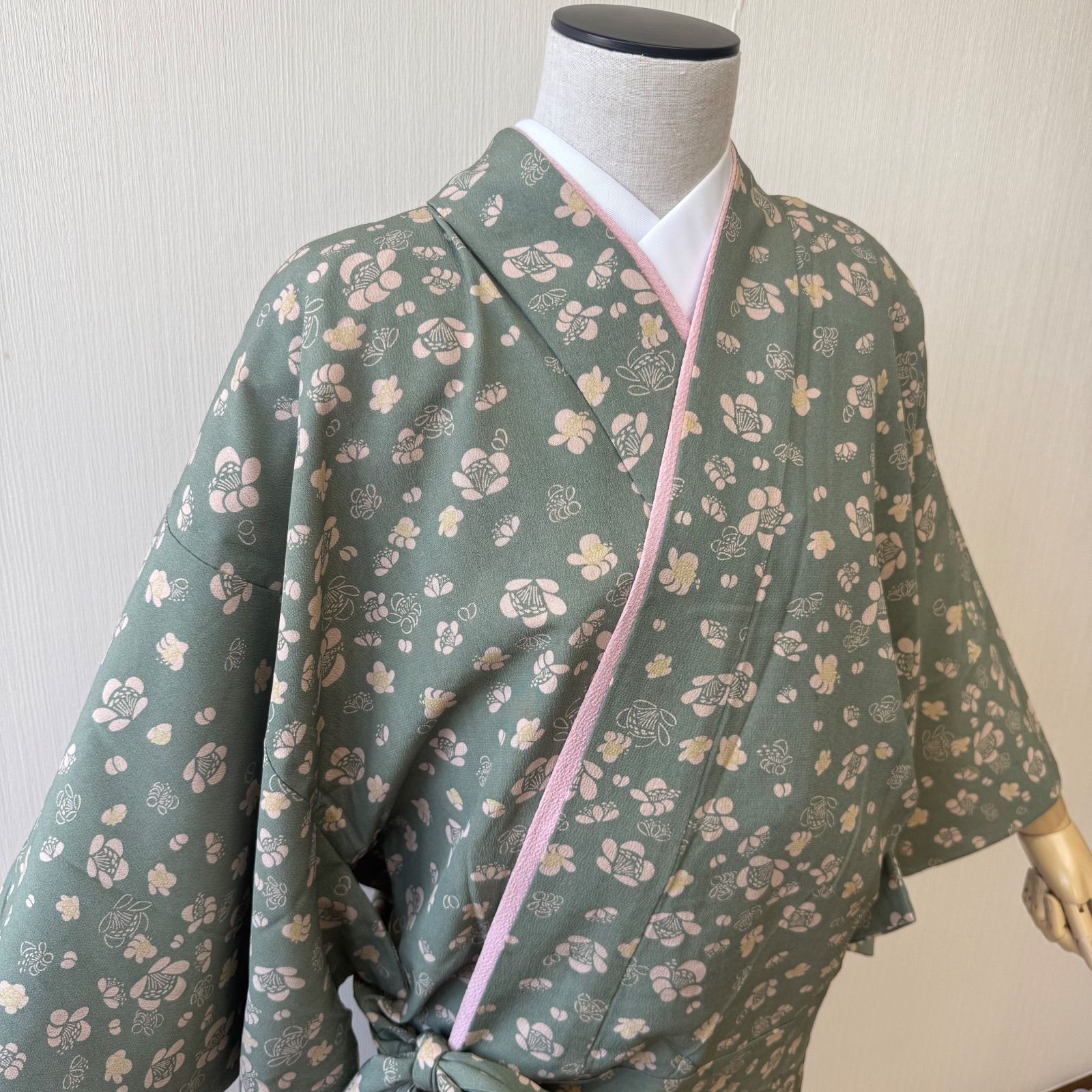 着物 正絹 二部式着物 小紋 袷 二部式 緑 梅柄 単衣 リサイクル着物 z 561 その他 着物 着物 浴衣