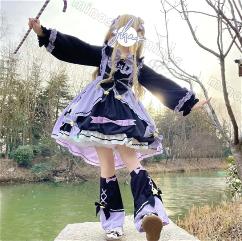 ロリータ 魔女風 ワンピース ゴシックスタイル OPドレス 日系 甘ロリ ブラック＆ラベンダー リボン付き 中世風 優雅なデザイン S～XLサイズ 撮影 イベント用 撮影