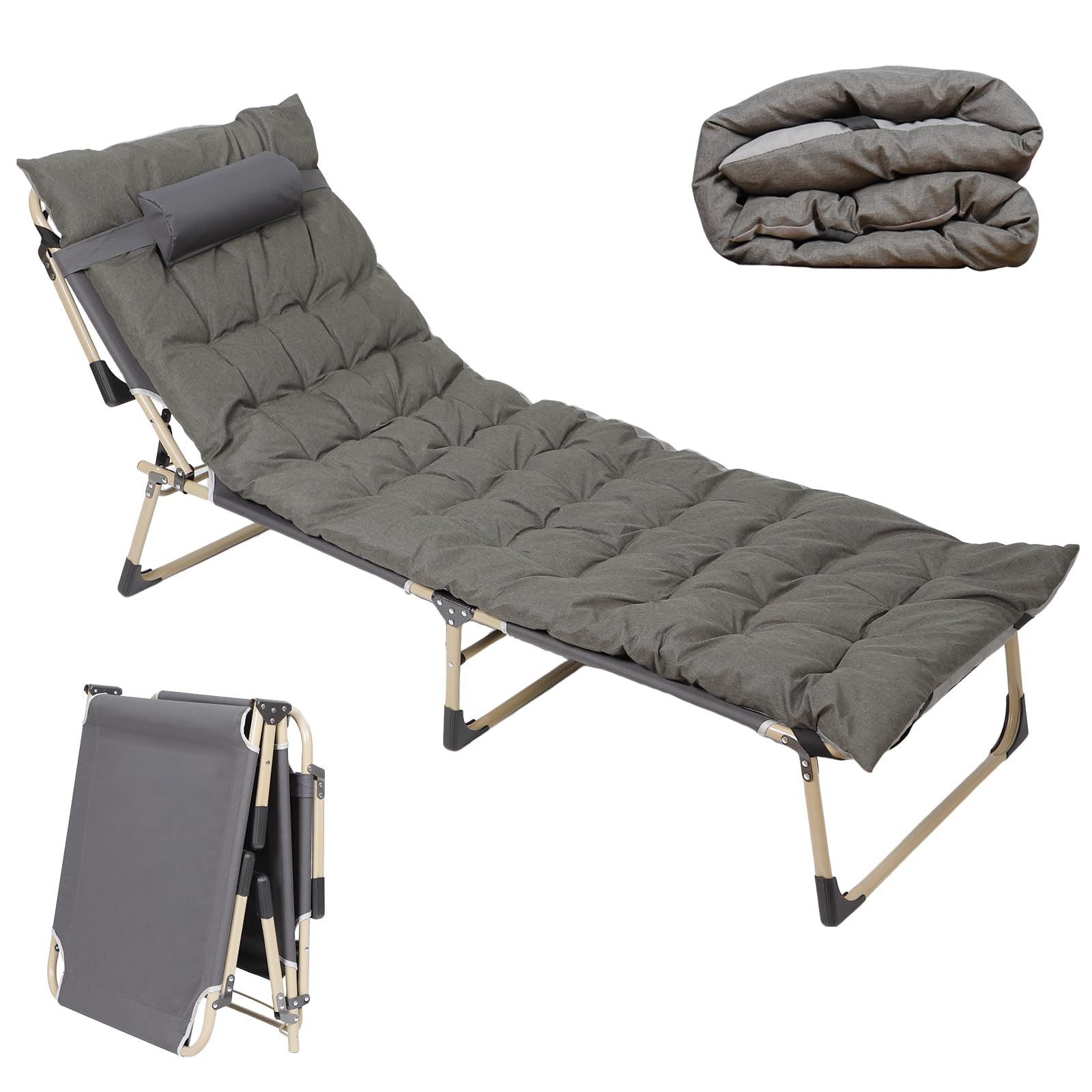 グレー クッション収納袋付き 組立不要 190x67x30cm ビーチ キャンプ アウトドア 室内 軽量 コット|チェア|ベンチ三用 リクライニング 4段階調節 簡易ベッド クッション付き 折りたたみ サマーベッド DEWEL