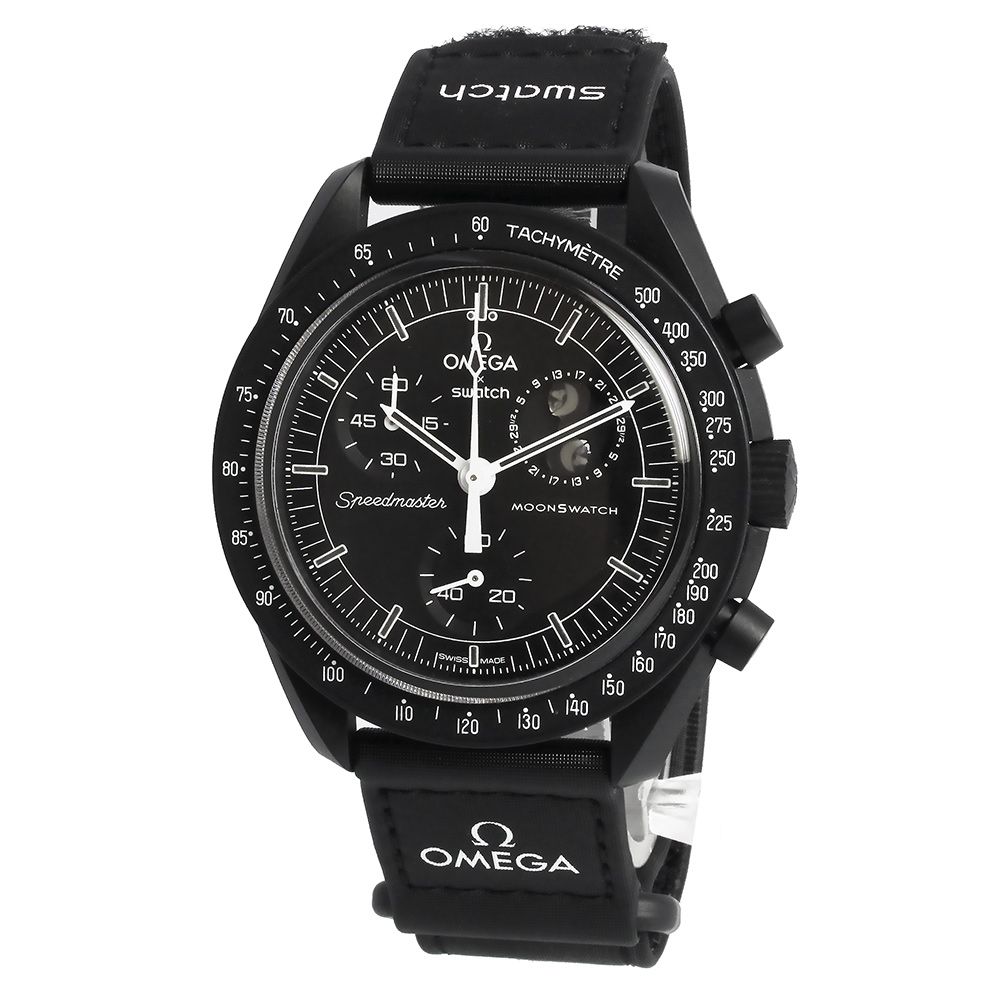 オメガ スウォッチ Swatch ミッション トゥ ムーンフェイズ ニュームーン スヌーピー モデル クロノグラフ クオーツ 腕時計 ナイロン バイオセラミック ブラック SO33B700 OMEGA