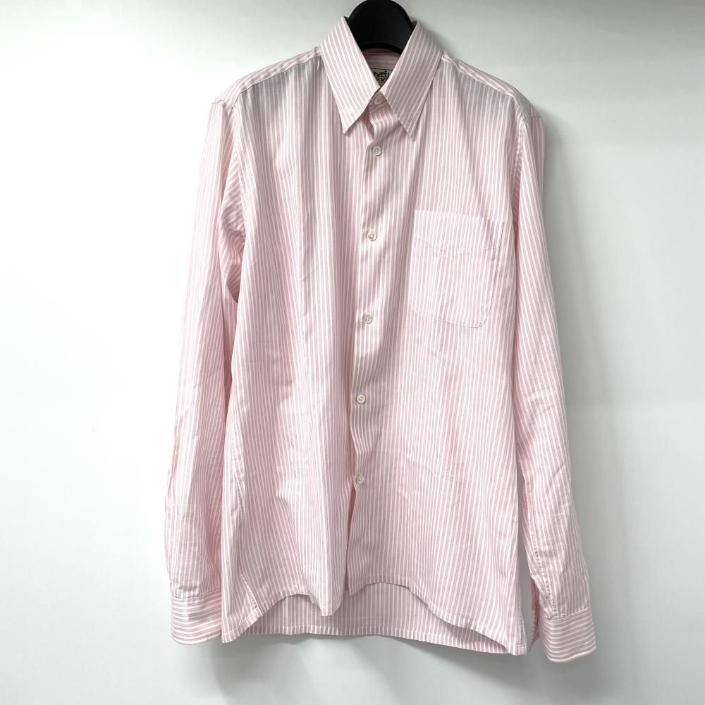 中古】OLD HERMES 90s ストライプ コットンシャツ ピンク 39-15