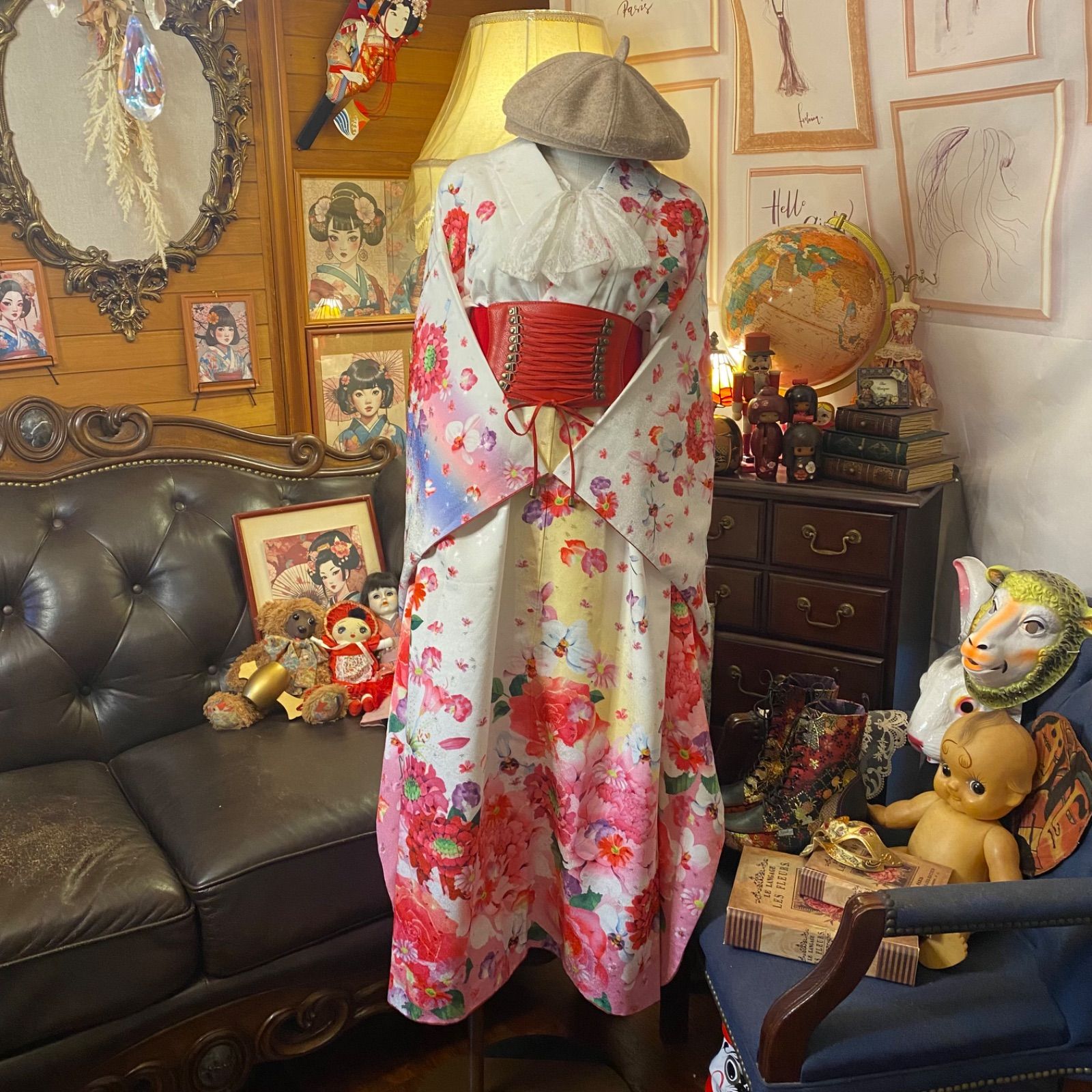 リメイク 振袖着物ロングワンピース 洗える 化繊 和洋折衷