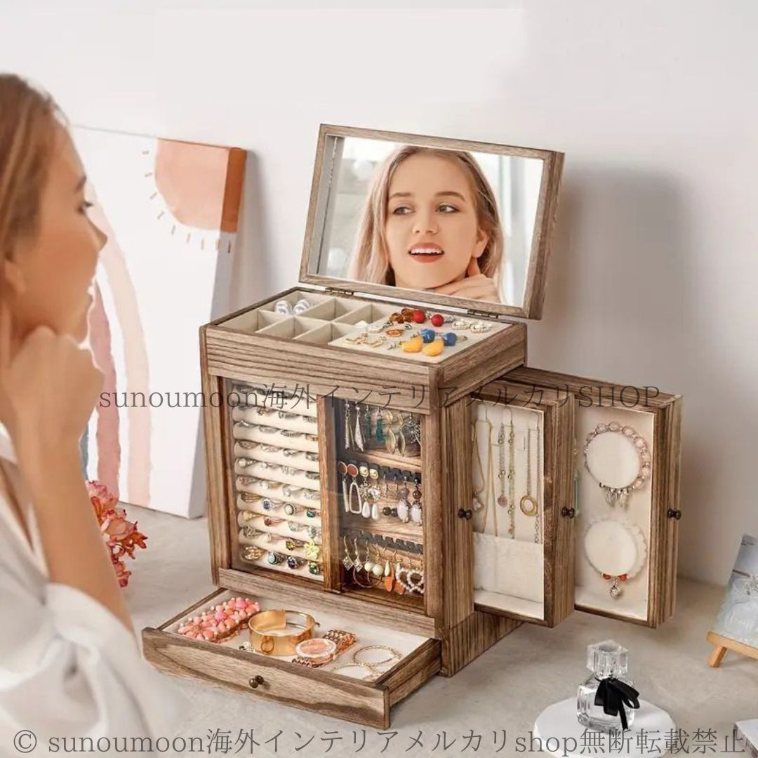ジュエリーボックス 木製 無垢 収納ボックス アクセサリーボックス 鏡