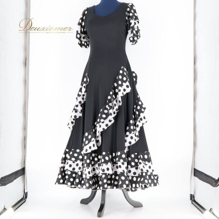 フラメンコ 衣装 ワンピース ドレス 黒 白 ドット 水玉 ボランテ フリル ダンス パーティ 発表会 ブラック系 ホワイト系 prima boutique プリマブティック フラメンコドレス レディース ステージ衣装 踊り おしゃれ スカート LLC-HASEGAWATOSO_COM