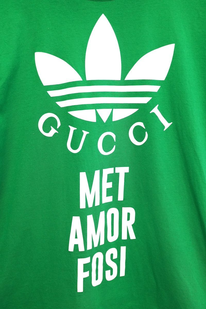 22AW GUCCI adidas ダブルネーム ロゴプリント半袖Tシャツ グリーン XS