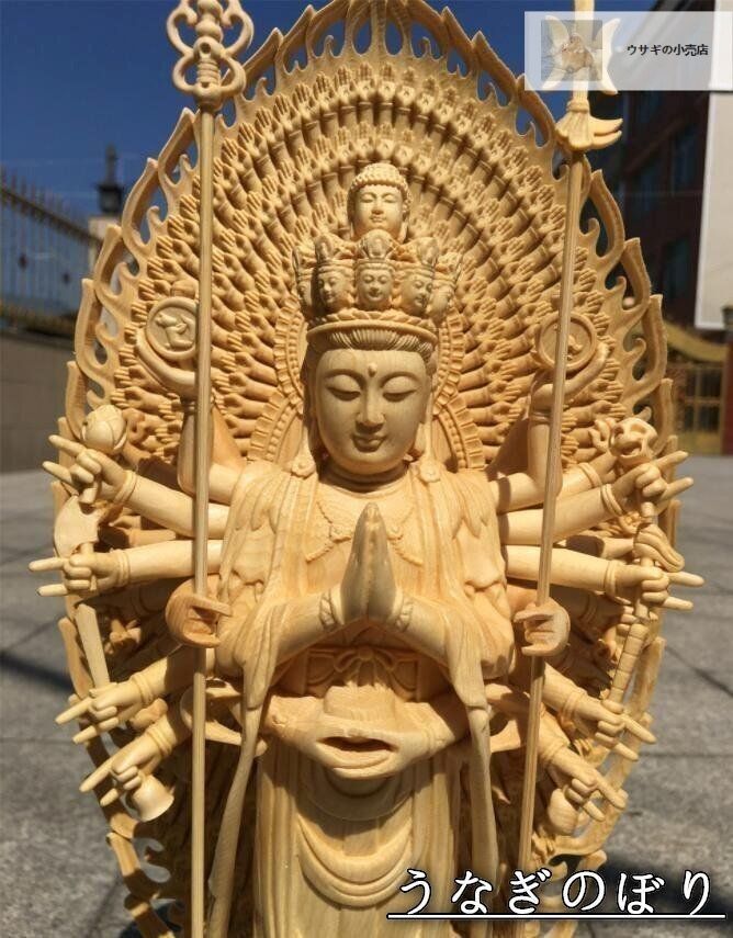 ♥ 上品| 仏教美術 精密彫刻 仏像 手彫り 八角台座 桧木製 千手観音菩薩 高さ約43ｃｍ WWW_NOITHATQUANGTHANH_NET