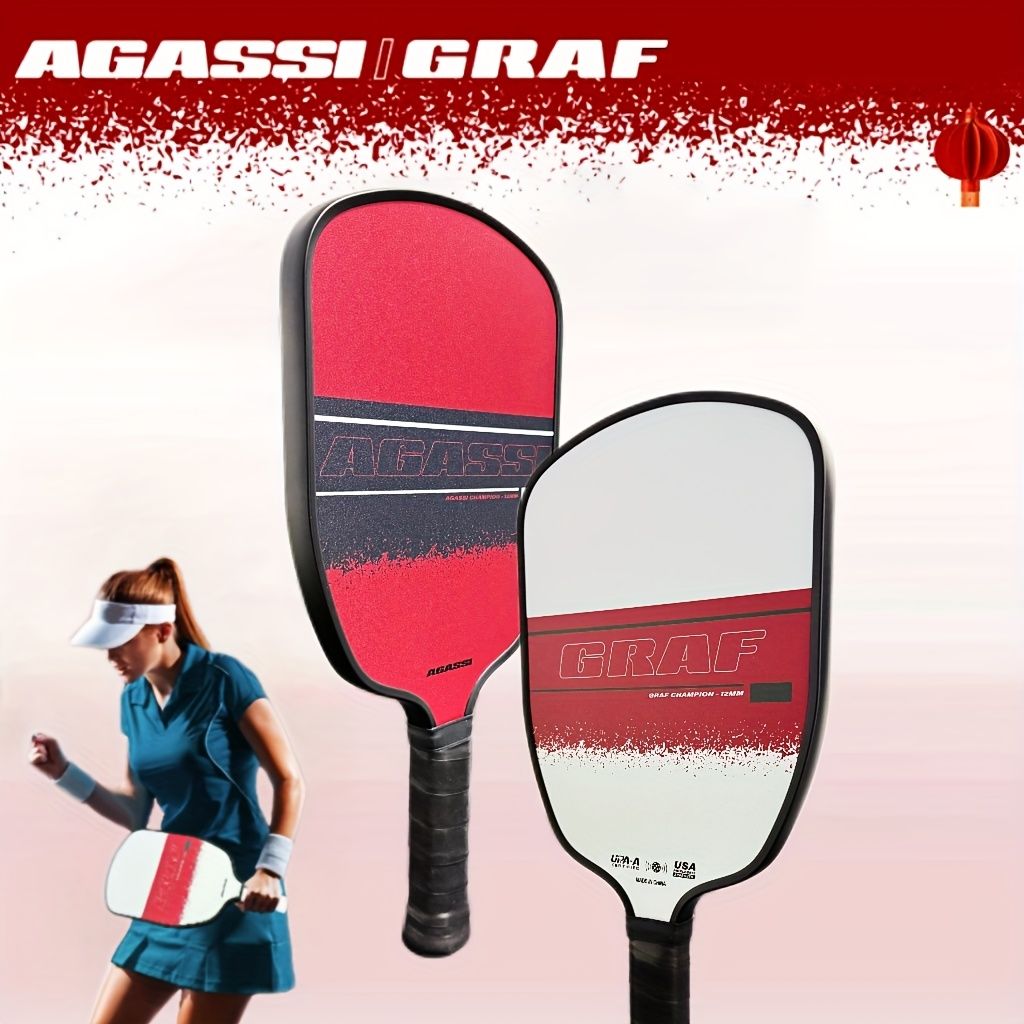 1個 AGASSI ピックルボールパドル - アガッシ形状カーボンファイバーT700、スピン＆コントロール向上のためのサンドブラスト加工表面、耐久性に優れた冷間プレス構造、ホワイト/レッドデザイン - トレーニング＆競技用ユニセックス、コンペティションギア、