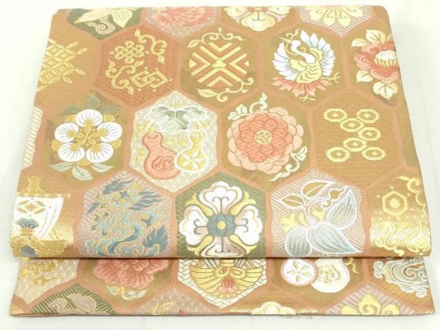 平和屋着物○六通柄袋帯 唐織 亀甲吉祥文 金糸 正絹 逸品 未使用