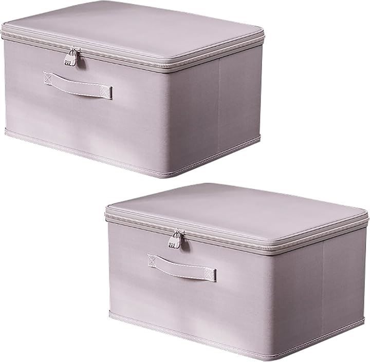 CAWKAY 鍵付き収納ボックス ダイヤル錠 収納ケース 大容量 折りたたみ 水洗いOK 衣類 ふた付き おしゃれ 布製 ファスナー グレー 3L 2個セット