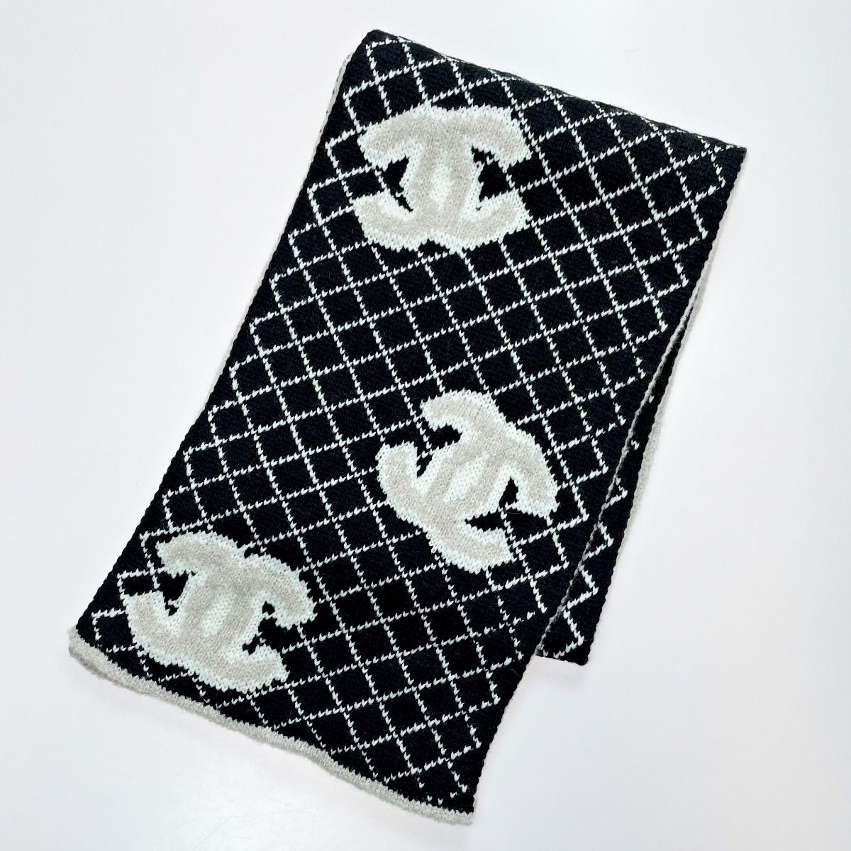 CHANEL シャネル マフラー アイボリー×ブラック ココマーク カシミヤ 
