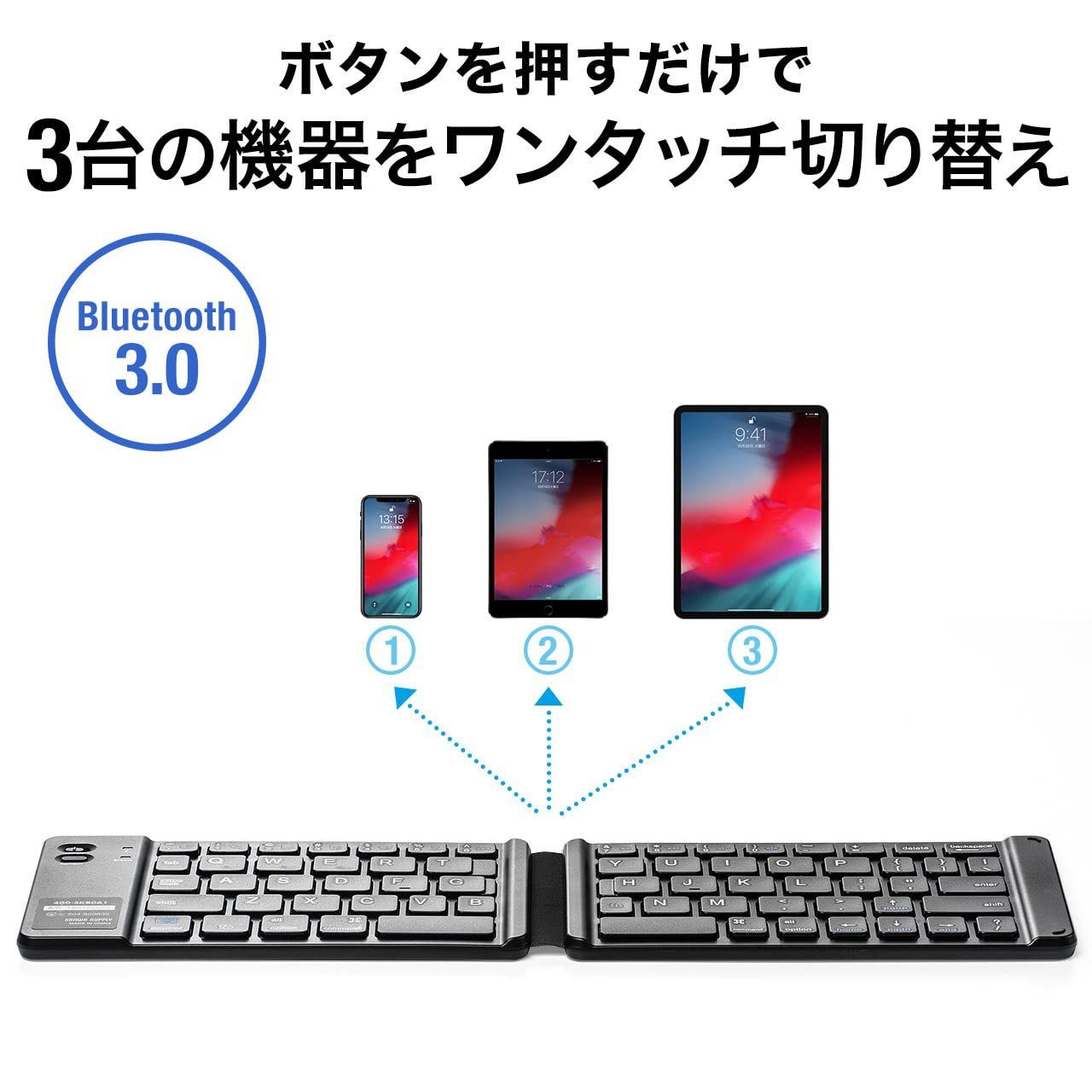 人気商品】【新着商品】Bluetooth 折り畳み キーボード iPad・iPhone専用 軽量134g コンパクト サンワダイレクト 充電式  3台切替可能 400-SKB061 メルカリ