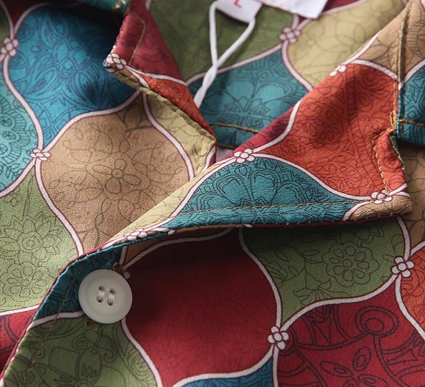 メンズ　ボヘミアン風　民族調総柄　アロハシャツ　オープンカラー　鮮やか　XL メンズ ボヘミアン風 民族調総柄 アロハシャツ オープンカラー 鮮やか