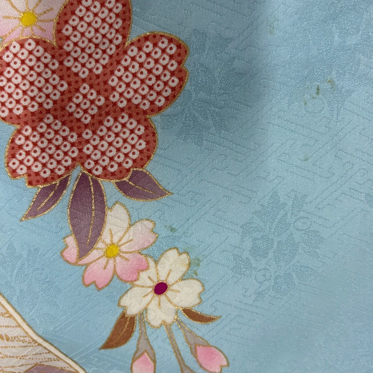 振袖 長襦袢セット 美しい花々 刺繍 銀通し 孔雀青色 ガード加工 K 