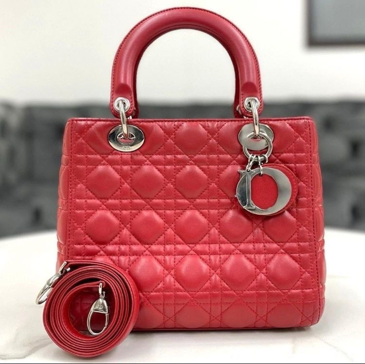 ディオール レディディオール カナージュ ラムスキン 赤 2way ハンドバッグ