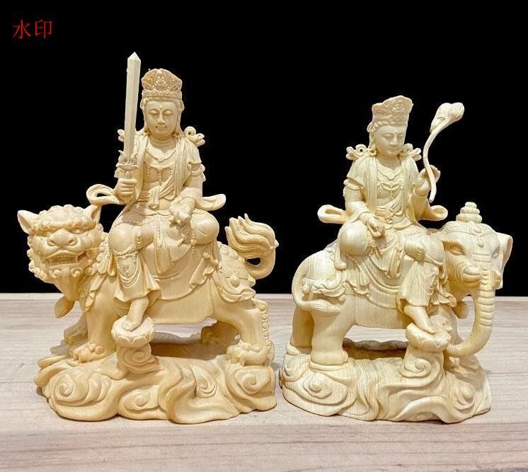 修縁堂】木彫り 仏像 文殊菩蕯 普賢菩薩座像一式 彫刻 仏教工芸品 柘植