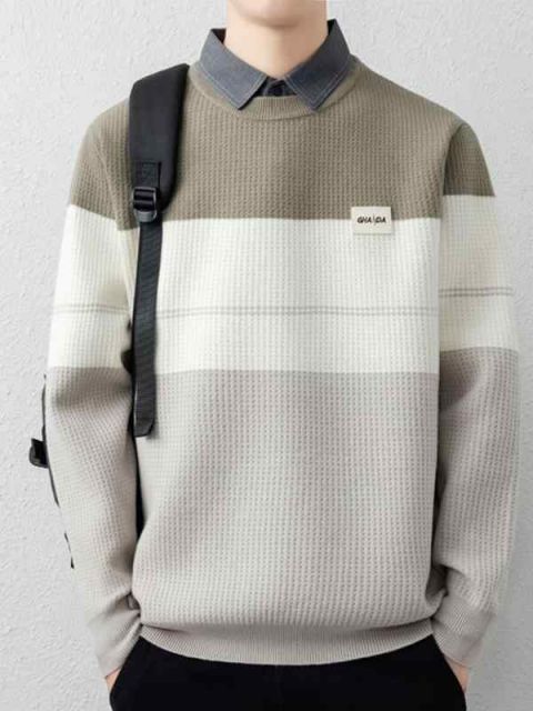 種類8：XL /B：グリーンベージュブラック  メンズ ファッション 服 男性用 オシャレ シンプル 大人 かっこいい ストリート フェイクツーピース セーター ハイエンド 秋 コントラストカラー セ