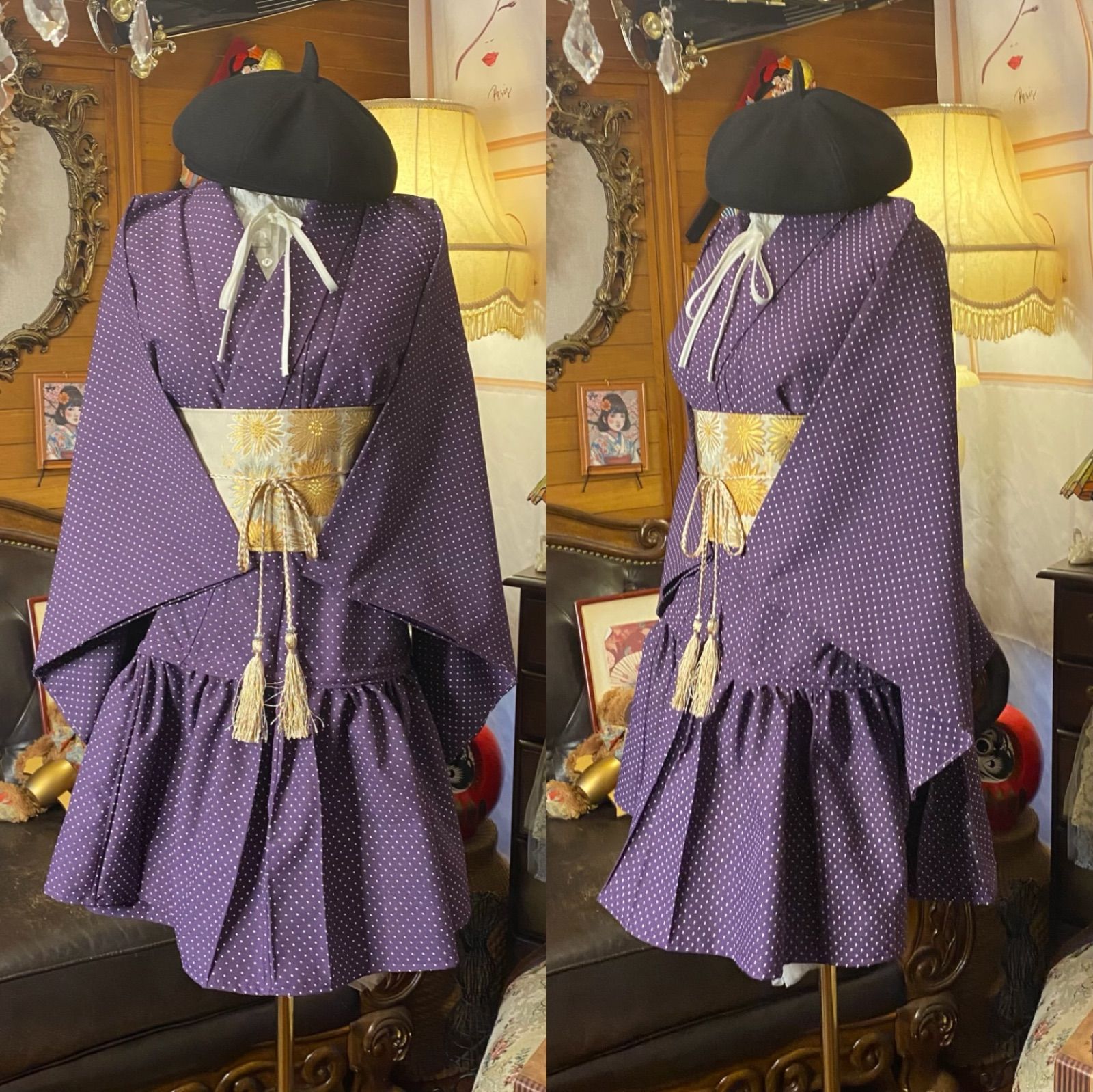 着物 2way ガウン 羽織り ドレス ワンピース ハンドメイド 和洋折衷 洗える 化繊 リメイク 帯サッシュベルト レトロ 古着 深みのある葡萄紫に 小ドット KD-62