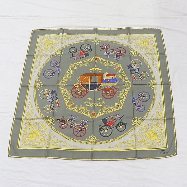 ロンシャン グレー 馬車柄 シルク100％ レディーススカーフ 2000000
