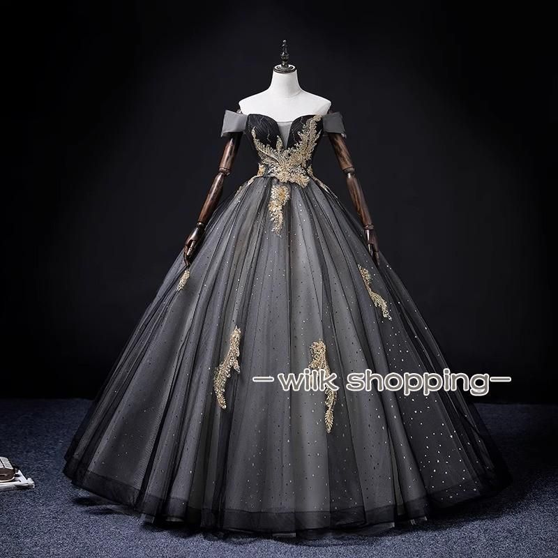 ドレス プリンセスライン ブラック オフショルダー フリル ロングドレス ウェディングドレス 結婚式 二次会 花嫁 前撮り 演奏会 発表