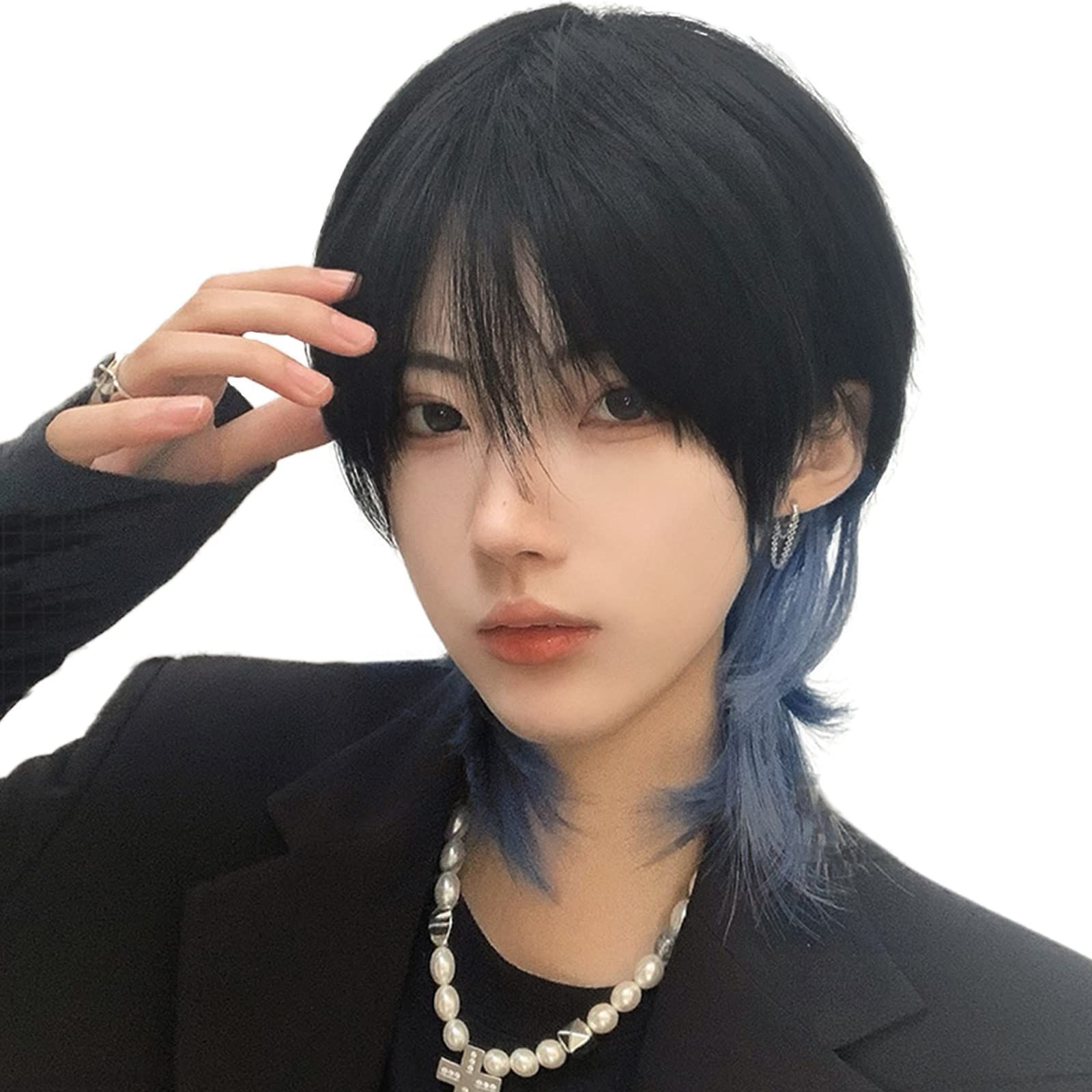 特価 男女兼用 短髪 イメチェン ファッション 人気 耐熱 小顔 自然 ハンサム ネット/櫛付き イケメン 原宿 男性 黒 男装 フルウィッグ インナーカラー ウルフーブルー ウルフ ショート かつら