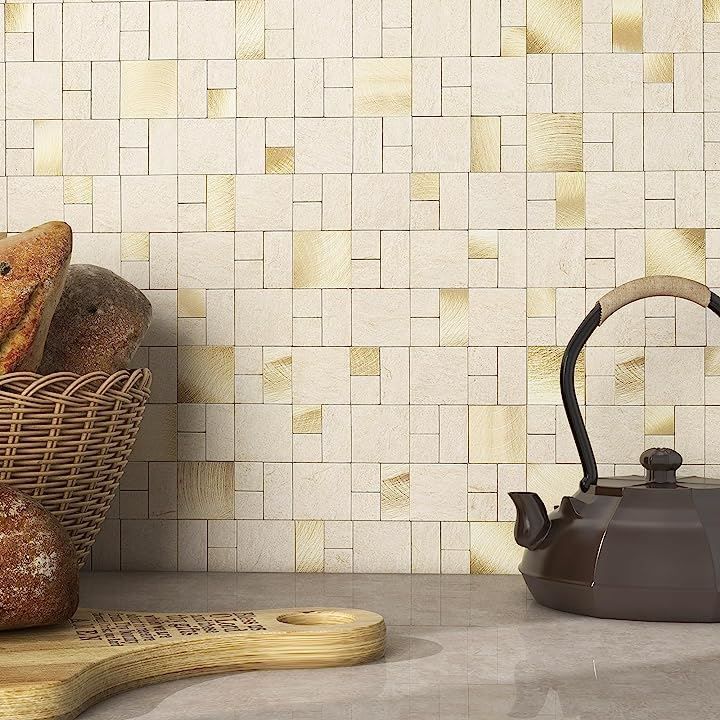 M MOFIT 大理石 壁 タイル シール キッチンタイル 賃貸 貼るタイルシート モザイクタイル DIY 防水模様替えシート 5枚( ベージュ，  5 枚)