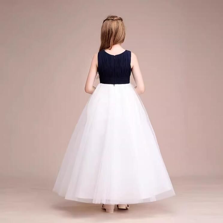 子供ドレス 発表会 ロングドレス ピアノ発表会 ジュニア ドレス フォーマルドレス 女の子 演奏会 結婚式 ネイビー×ホワイト キッズ フォーマル ドレス 130 140 150 160 fvdd331