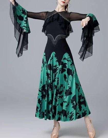 社交ダンスドレス ラテンドレス レースフレア袖 デモ用 ルンバ　オーダーメイド 社交ダンスドレス ラテンドレス 競技 花柄 ルンバ フレア袖