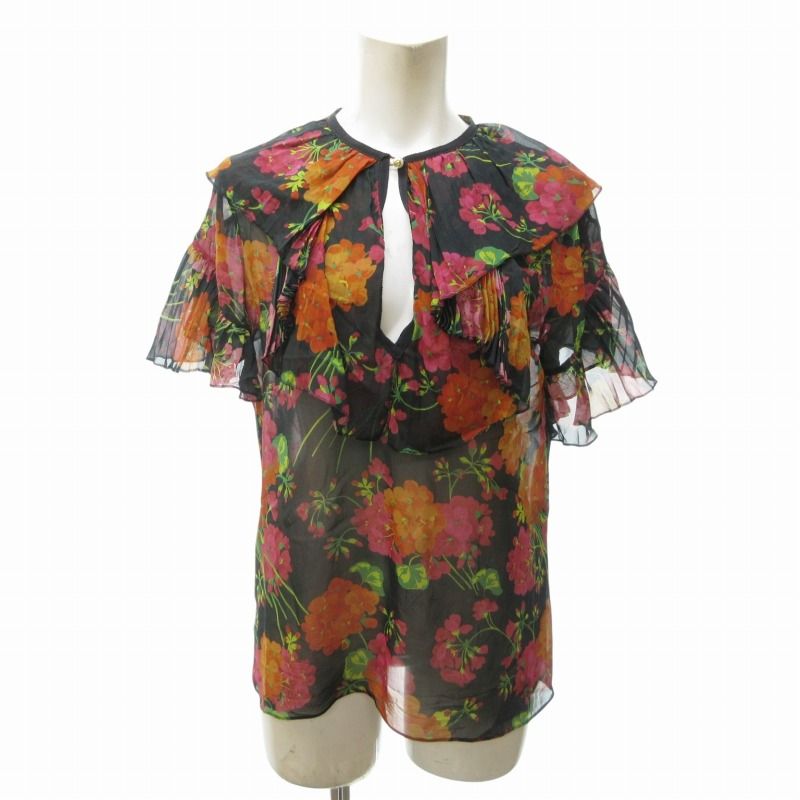 グッチ GUCCI シースルー フリル ブラウス シャツ 花柄 フラワー柄 フロントシャン シアー素材 マルチ 0612 IBO73