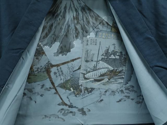 平和屋着物○男性 紬 アンサンブル 色無地 留紺色 正絹 逸品