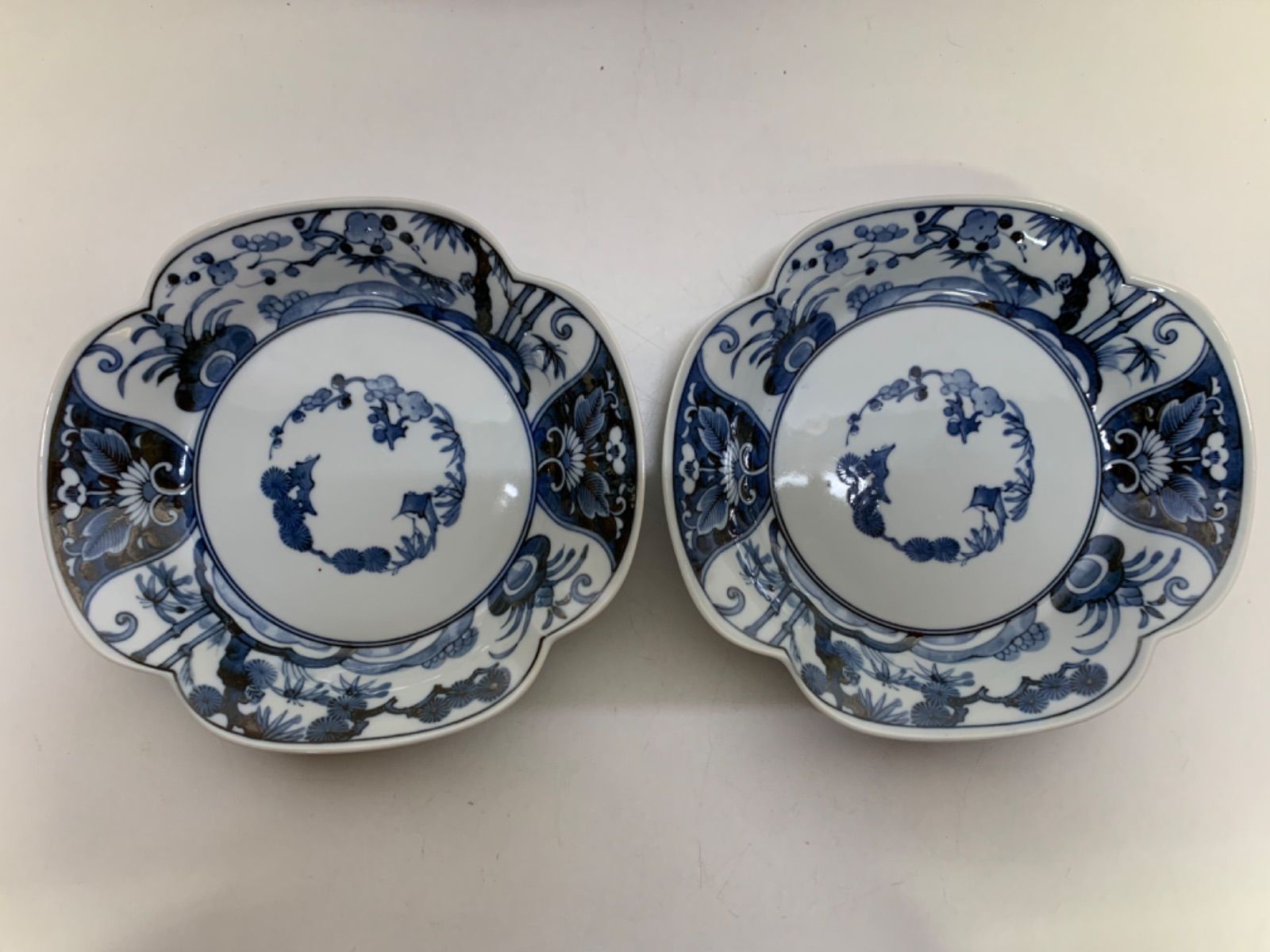 美濃焼 龍峰窯 染付 松竹梅 唐草 木瓜皿 2枚セット 昭和レトロ 花風流