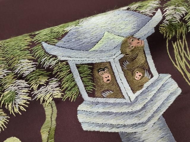 平和屋本店■極上　ファッションデザイナー　花井幸子　太鼓柄袋帯　総手刺繍　猿　紫鳶色地　逸品　CZAA2440s5 平和屋本店□極上 ファッションデザイナー 花井幸子 太鼓柄袋帯 総手