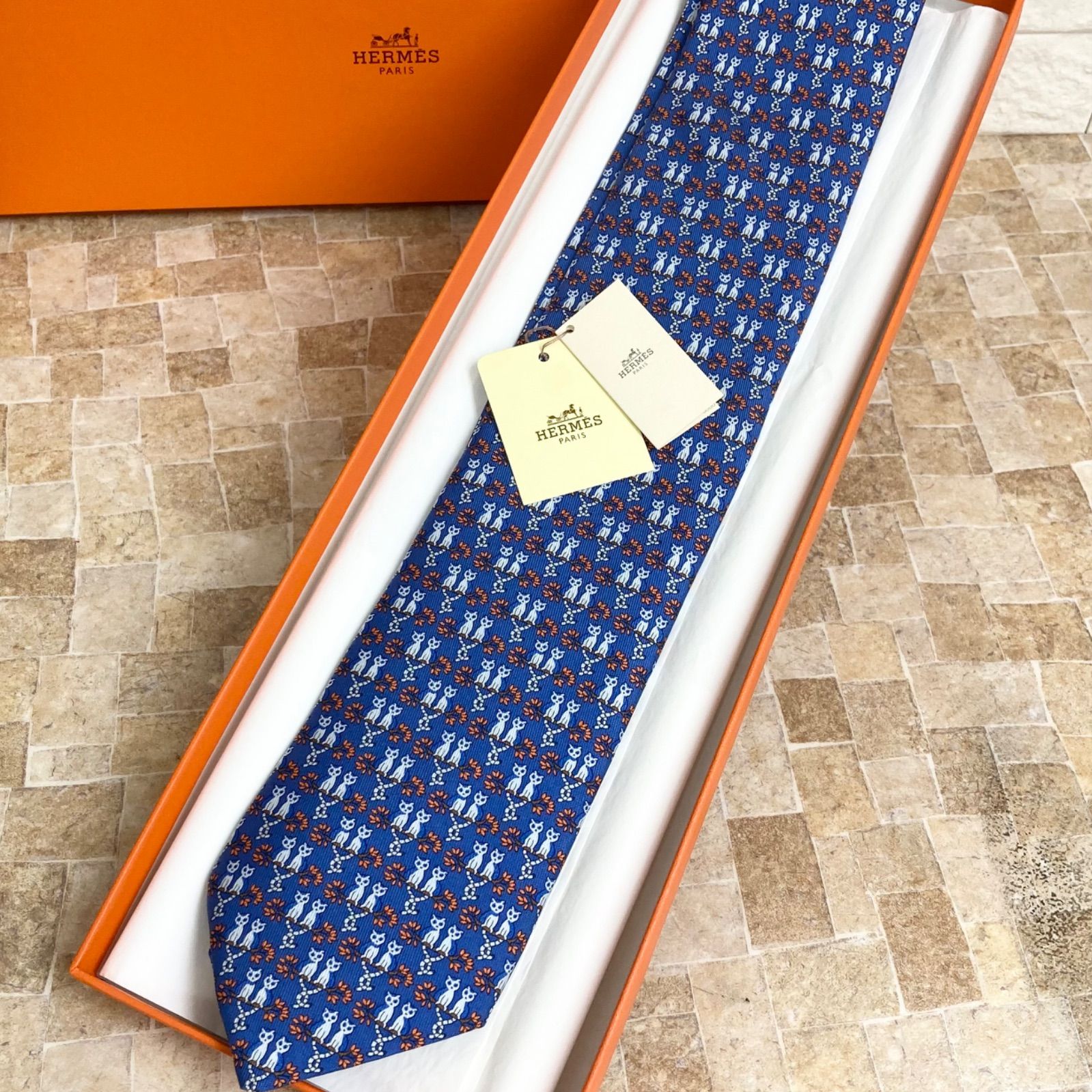 新品未使用タグ付き】HERMES 猫柄ネクタイ ブルー ネイビー