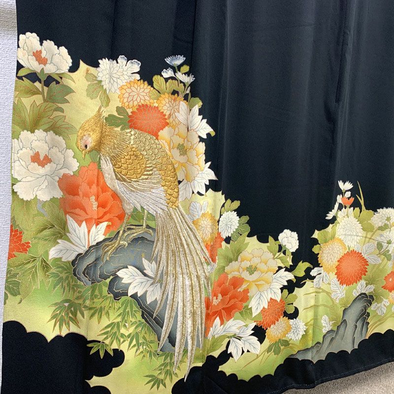 アンティーク着物 508aa1◇アンティーク着物 黒留袖 錦鶏 刺繍 牡丹 竹 菊 レトロ