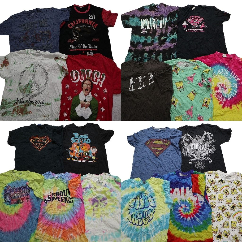 古着卸 まとめ売り カラーmix プリント 半袖Tシャツ 19枚セット (メンズ L ) スポンジボブ タイダイ柄 バックスバニー プリント MS6767