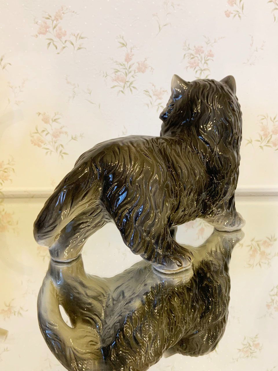 陶器 置物 猫 ペルシャ猫 イタリア製 アンティーク調 グレー 子猫ちゃん